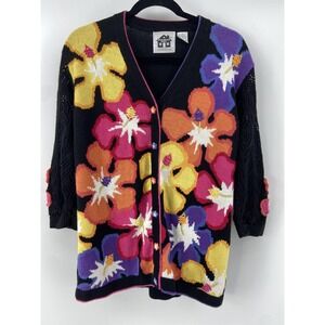 Storybook Knits Cardigan Womens Medium Black Hibiscus Floral Colorful Chunky